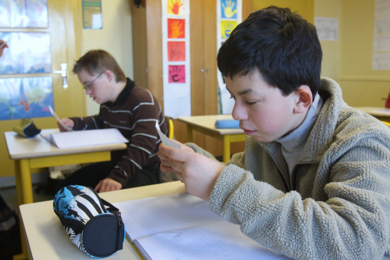 Photo de deux jeunes devant leur bureau d'écolier dans une classe d'intégration scolaire